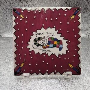 Blue Sky Clayworks 6.25" Tile Trivet Sleeping Dog In Stocking Tea Light Holder